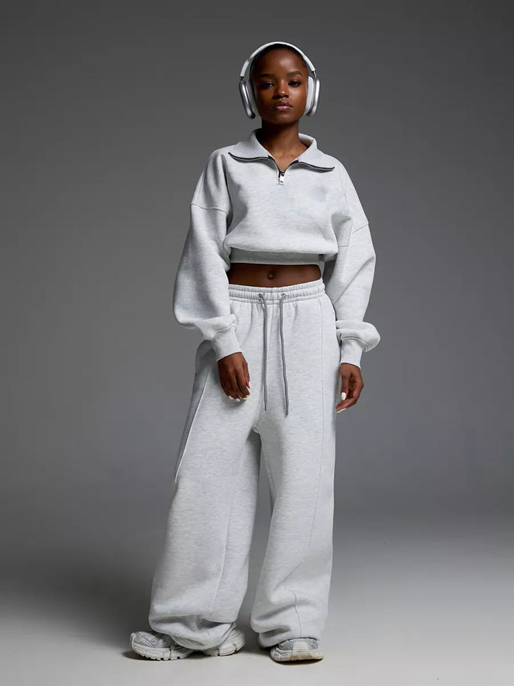 Damen kurzes Half-Zip Crop-Sweatshirt mit hoher Taille und weitem Sweatpants-Set Drune