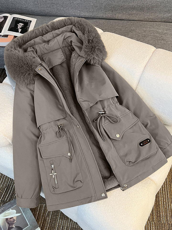 Damen nan wattierter Parka mit abnehmbarer Kunstpelzkapuze, tailliertem Kordelzug und weichem Teddy-Innenfutter Drune