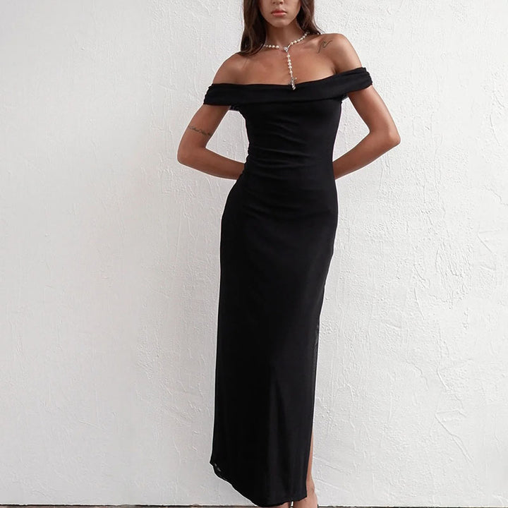 Damen elegantes schulterfreies Maxikleid mit fließendem Stoff und raffinierter Drapierung Drune