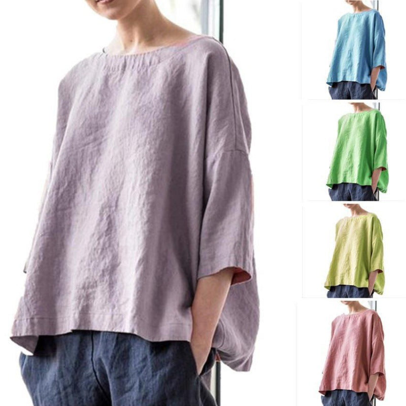 Damen Oversized Leinenbluse mit weitem Boxy‑Schnitt, U‑Boot‑Ausschnitt und 3/4‑Ärmeln Drune