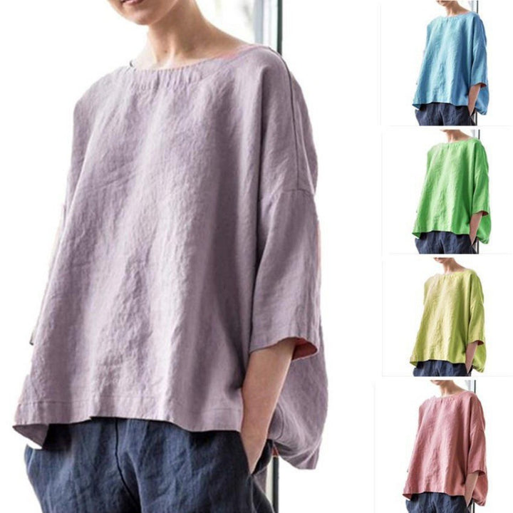 Damen Oversized Leinenbluse mit weitem Boxy‑Schnitt, U‑Boot‑Ausschnitt und 3/4‑Ärmeln Drune