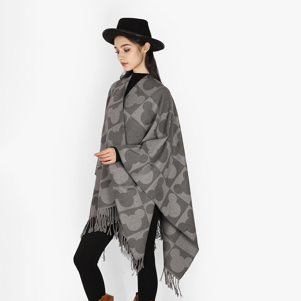 Damen Oversize-Capeponcho mit Jacquard-Motiv und Fransen Drune