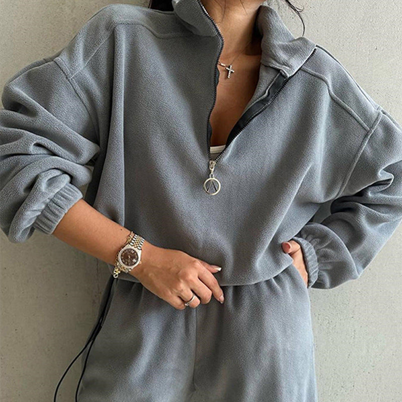 Damen Fleece Trainingsanzug mit hohem Kragen und praktischen Taschen Drune