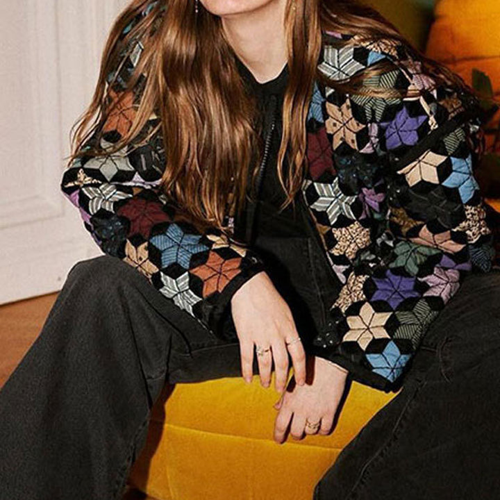 Damen Übergangsjacke mit buntem geometrischem Muster und praktischen Taschen Drune