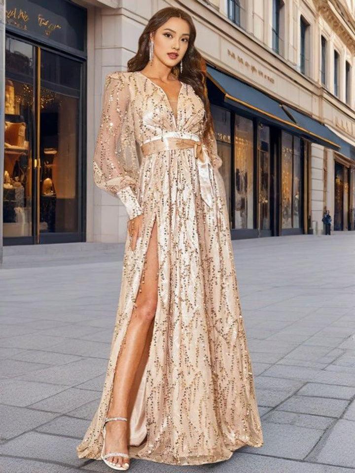 Damen Glamouröses Abendkleid mit schimmernden Pailletten und tiefem Schlitz Drune
