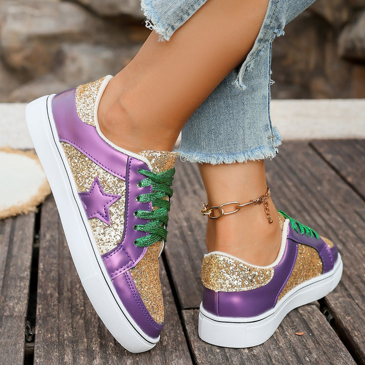 Damen modische Plateausneaker mit Glitzerpanelen, Sternapplikation und gepolsterter Komfortsohle Drune