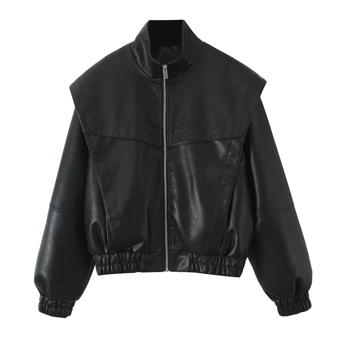 Damen Cropped Jacke im futuristischen Biker-Look aus veganer Lederoptik mit hohem Stehkragen und elastischem Saum Drune