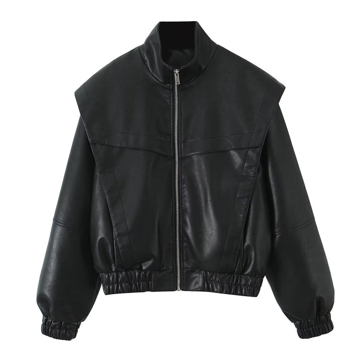 Damen Cropped Jacke im futuristischen Biker-Look aus veganer Lederoptik mit hohem Stehkragen und elastischem Saum Drune