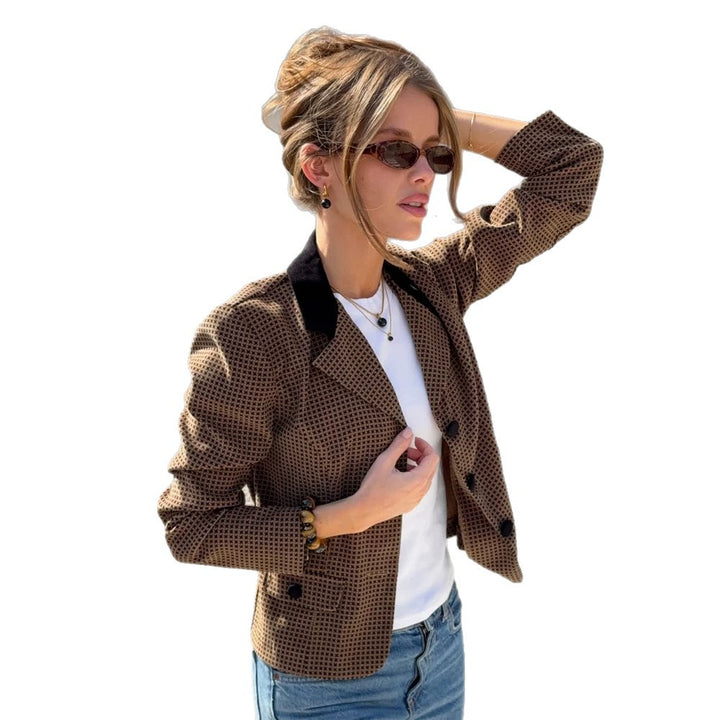 Damen Taillierter Hahnentritt-Blazer mit Samtkragen und Zweiknopfleiste Drune