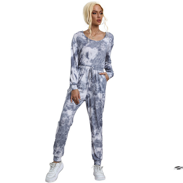 Damen Lässiger Tie-Dye Jumpsuit aus weichem Sweat mit Off-Shoulder und Tunnelzug Drune