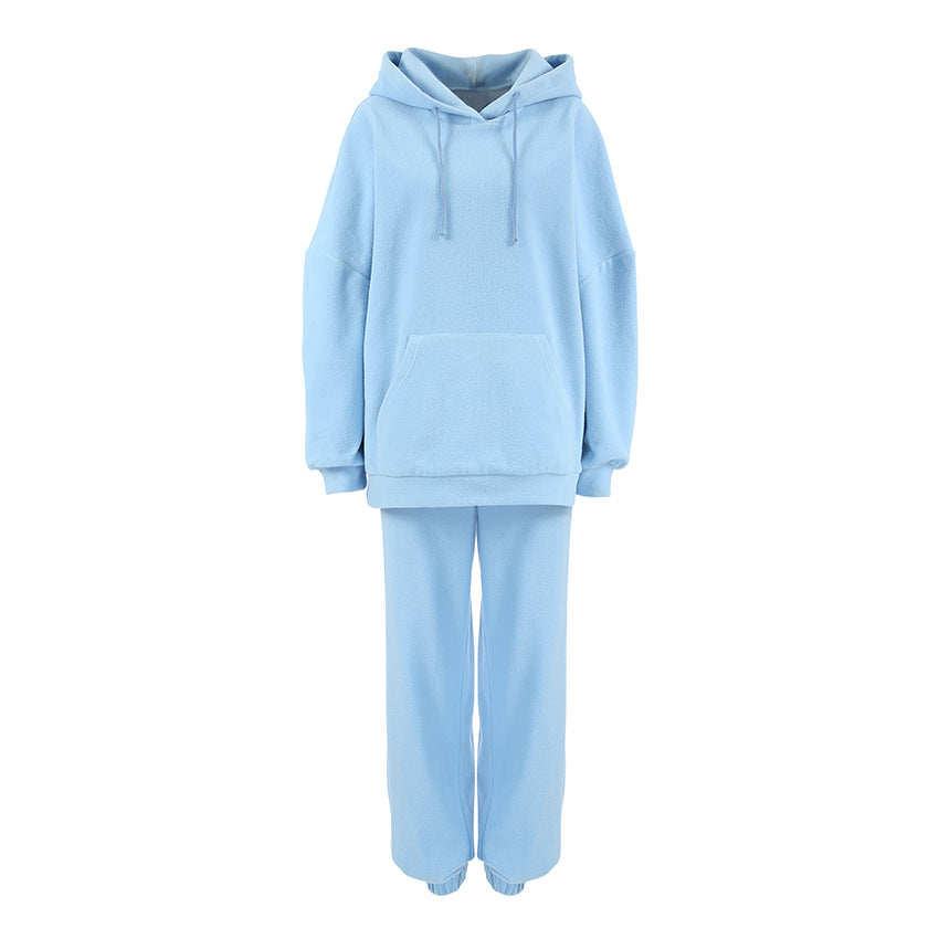 Damen Fleece Lounge-Set mit weiten Beinen und Kapuze Drune