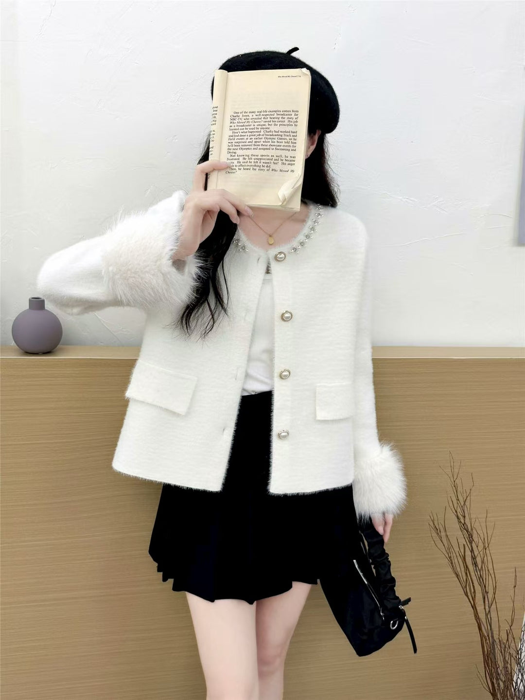 Damen elegante Strickjacke mit Perlenverzierung und flauschigen Ärmeln Drune