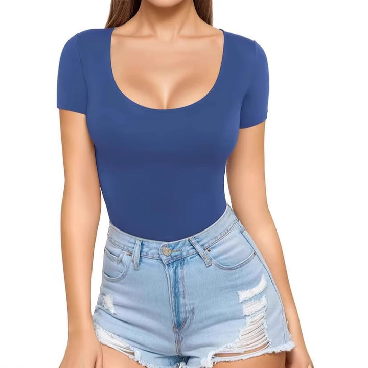 Damen figurbetontes Kurzarm-Body mit rundem Ausschnitt und nahtlosem Design Drune