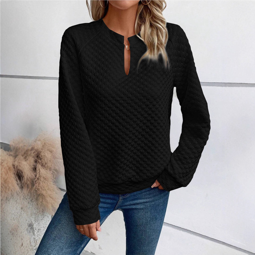 Damen Gestepptes Sweatshirt mit Schlitzkragen, Rautenstruktur und Raglanärmeln Drune
