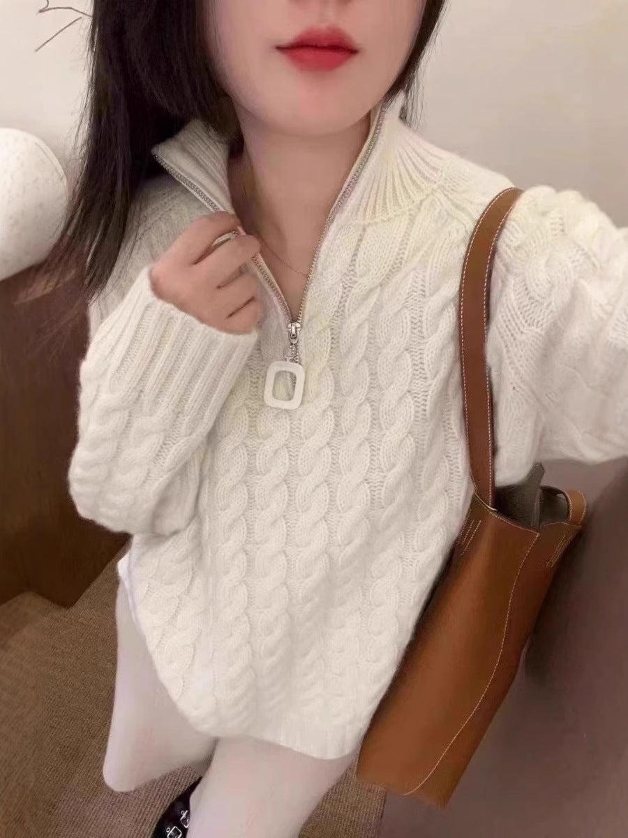 Damen Oversize Zopfmuster-Feinstrickpullover mit halbem Zipper und Stehkragen Drune