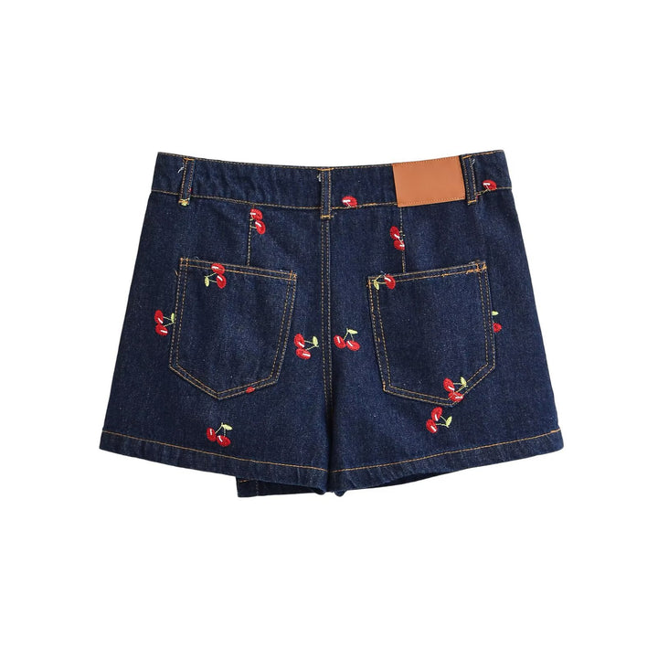 Damen Jeansrock mit verspielter Kirschstickerei und dekorativem Schnitt Drune