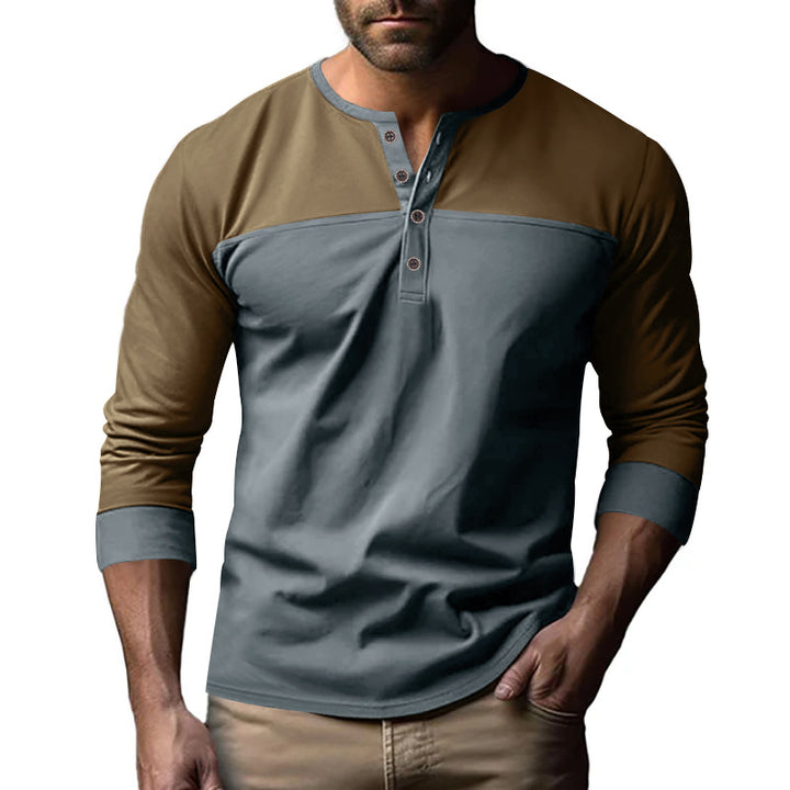 Herren Modernes Henley-Shirt mit Farbblock-Schulterpartie und Halbknopfleiste Drune