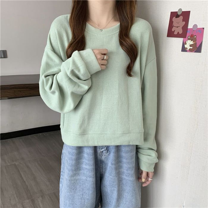 Damen lässiger cropped Pullover aus weichem Baumwollmix mit modischem Rundhalsausschnitt Drune