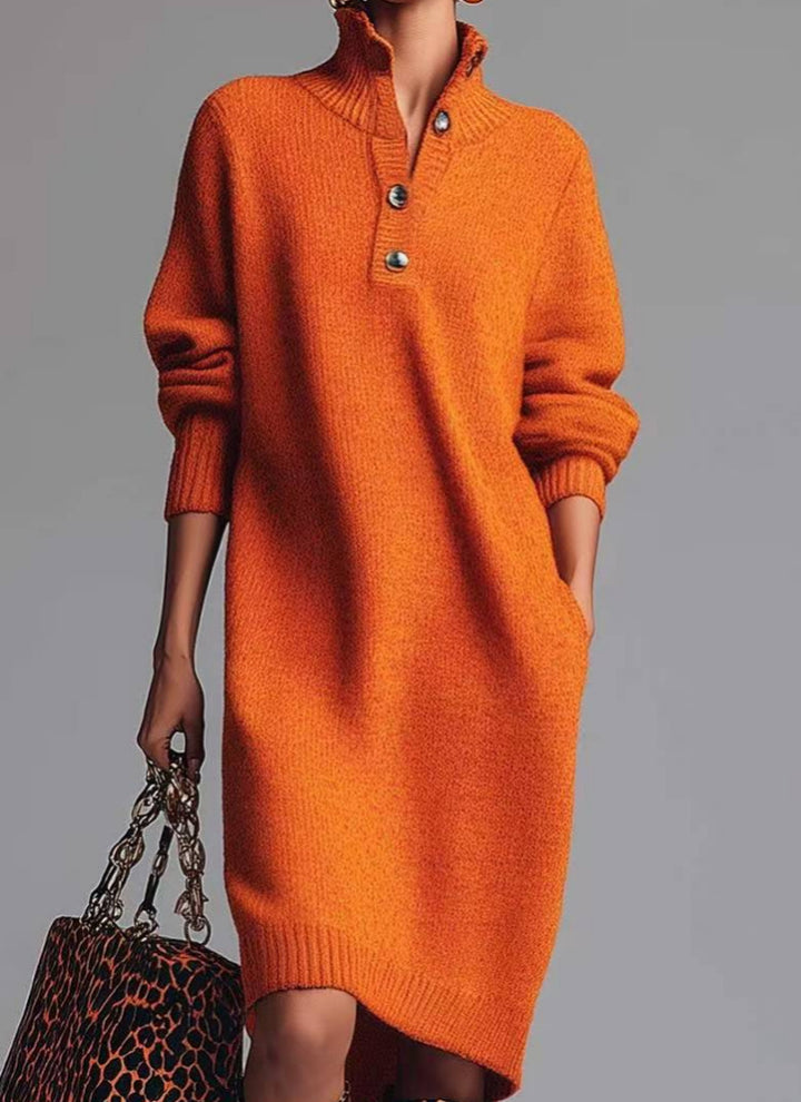 Damen nan gestricktes Pulloverkleid mit Polokragen, Eingrifftaschen und lässiger Passform Drune