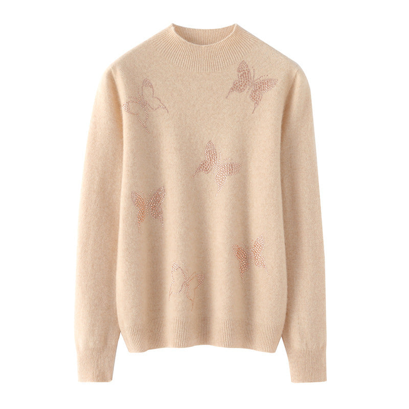 Damen Stehkragen-Feinstrickpullover mit Strass-Schmetterlingsapplikation Drune