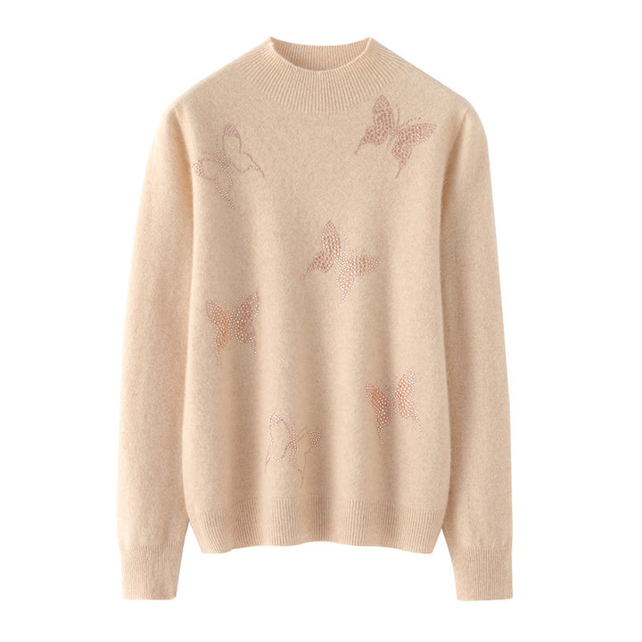 Damen Stehkragen-Feinstrickpullover mit Strass-Schmetterlingsapplikation Drune