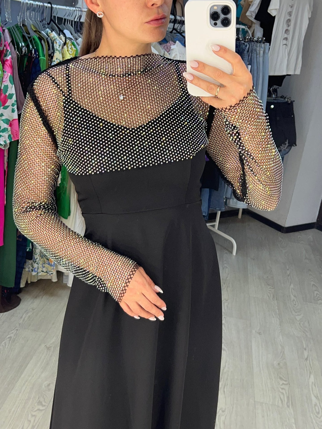 Damen Netzoberteil mit funkelndem Design und elastischen Ärmeln Drune