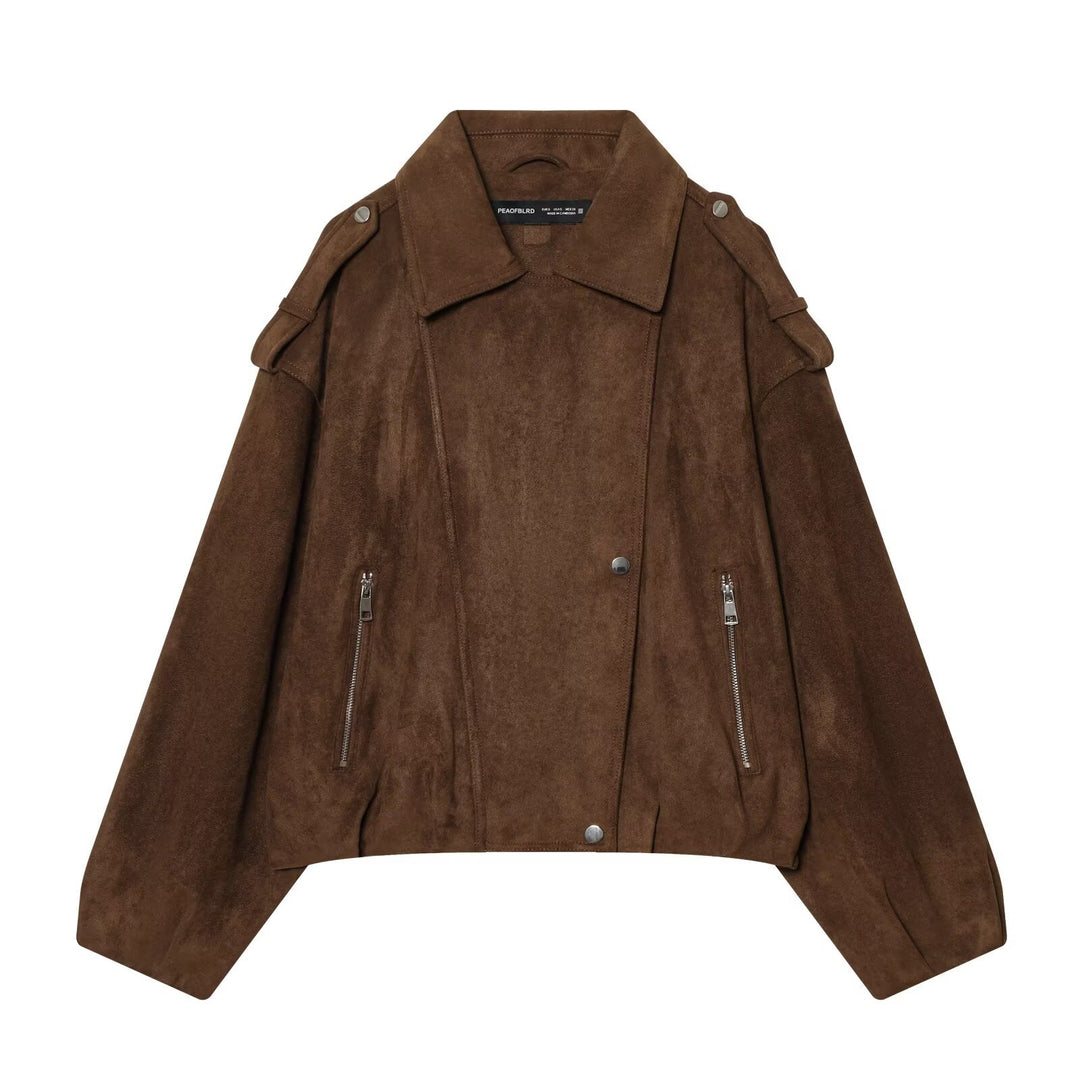 Damen Kurze Veloursleder-Bikerjacke mit Schulterklappen, Reißverschlusstaschen und kastiger Silhouette Drune