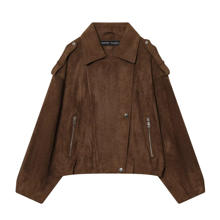 Damen Kurze Veloursleder-Bikerjacke mit Schulterklappen, Reißverschlusstaschen und kastiger Silhouette Drune