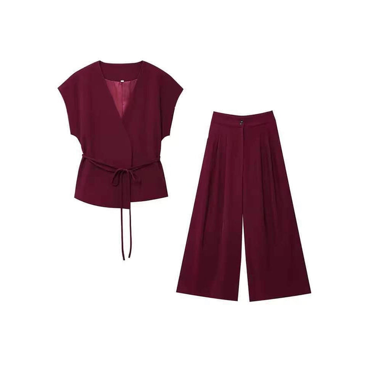 Damen elegantes Wickeloberteil und weite Palazzo-Hose Set Drune