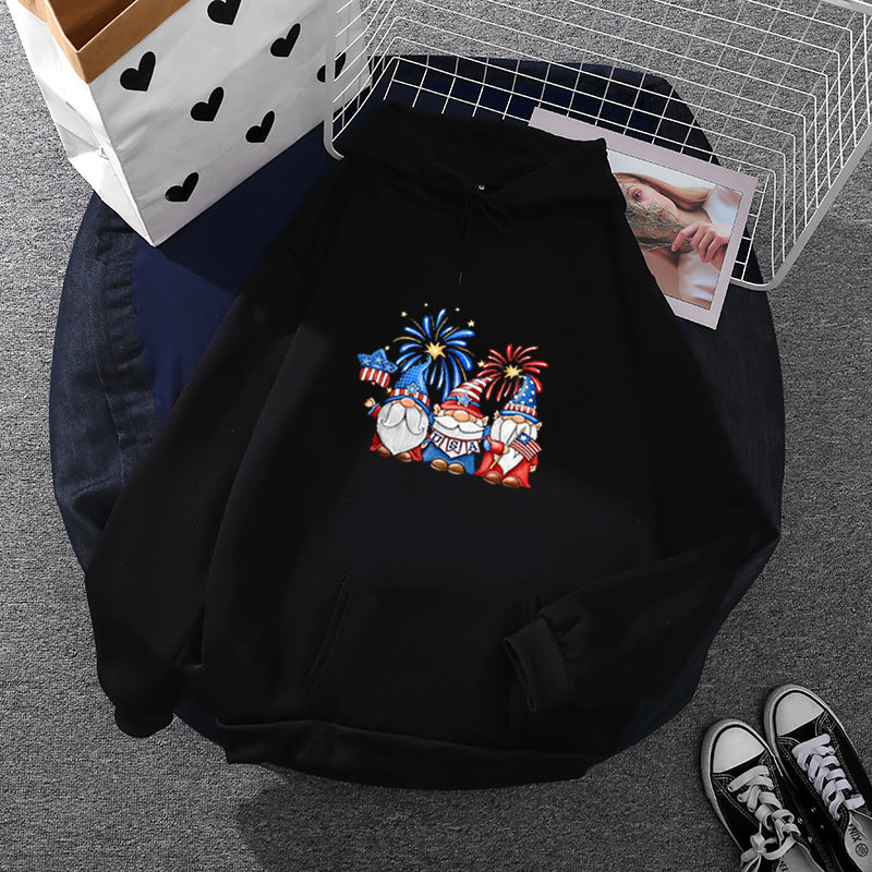Damen nan Kapuzenpullover mit patriotischem Gartenzwerg-Print, angerautem Fleece-Innenfutter, Oversize-Schnitt und Kängurutasche Drune