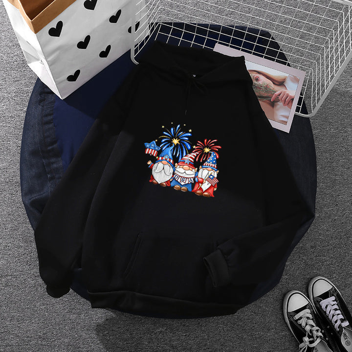 Damen nan Kapuzenpullover mit patriotischem Gartenzwerg-Print, angerautem Fleece-Innenfutter, Oversize-Schnitt und Kängurutasche Drune