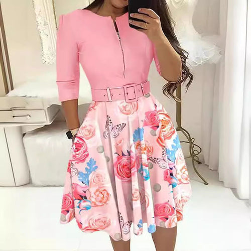 Damen Kleid im eleganten A-Linien-Stil mit Taillengürtel und floralem Druck Drune