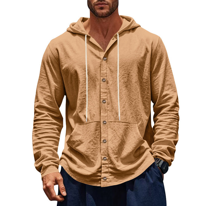 Herren nan lässige Kapuzenjacke mit Knopfleiste und Kängurutasche Drune
