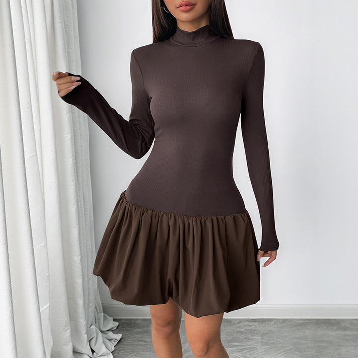 Damen Langes Kleid mit Rüschen- und Rollkragen Drune