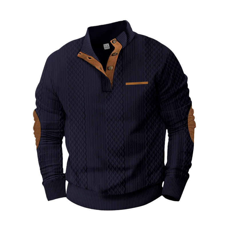 Herren Strukturiertes Kabelstrick-Sweatshirt mit Halbknopfblende, Kunstleder‑Patchtasche & Ellbogenpatches Drune