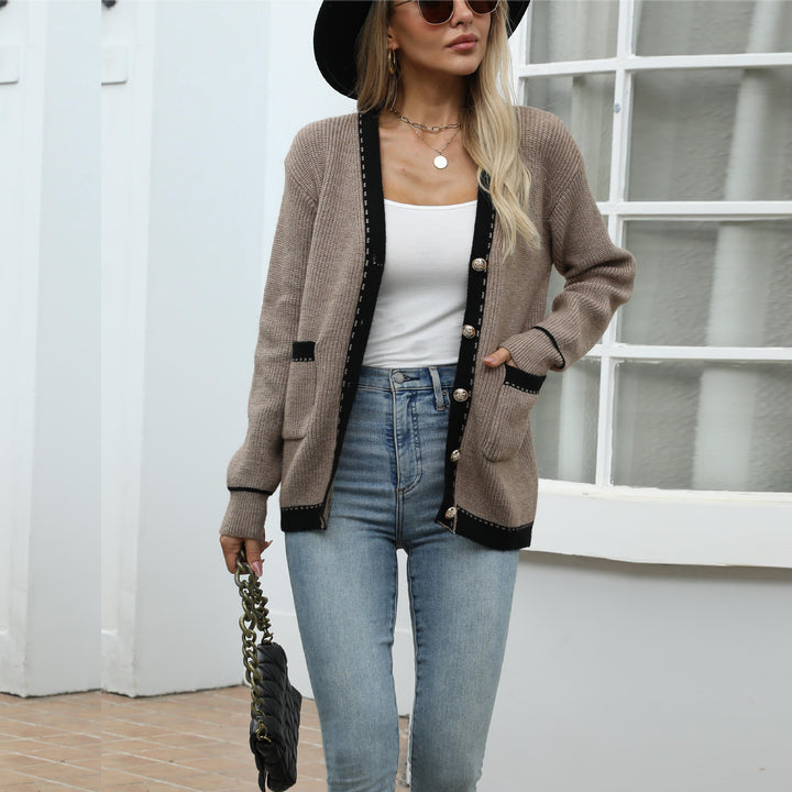 Damen Strickcardigan mit tropfenförmigen Knopfdetails und modischer Kontrastpaspel Drune