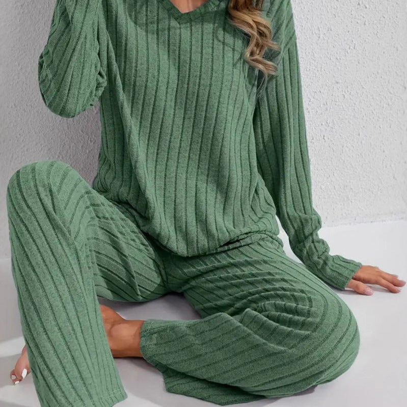 Damen Zweiteiliges geripptes Lounge-Set mit V-Ausschnitt und weitem Bein Drune