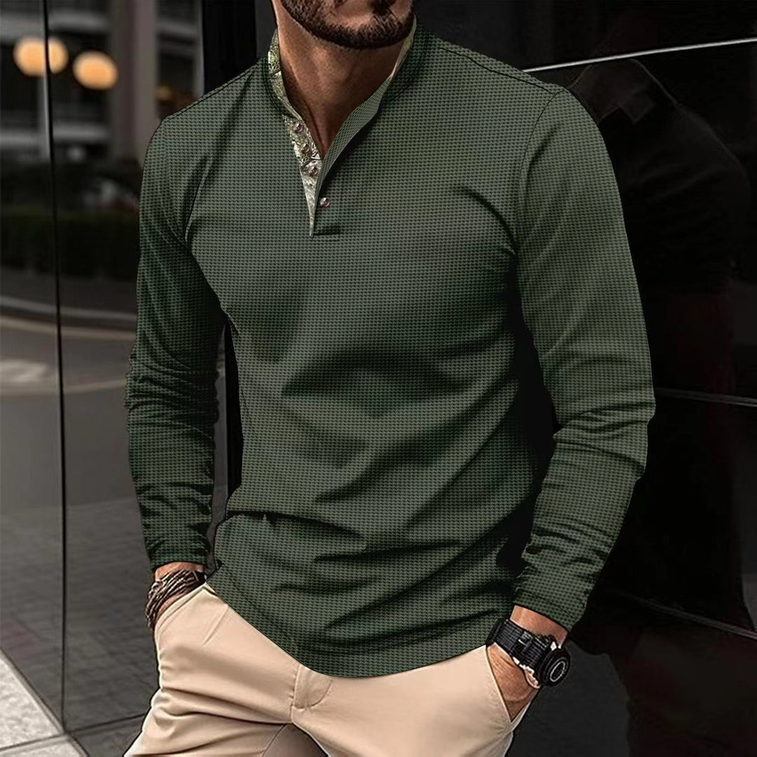 Herren nan langärmliges Henley-Poloshirt mit Stehkragen, feiner Struktur und gemustertem Innenkragen Drune