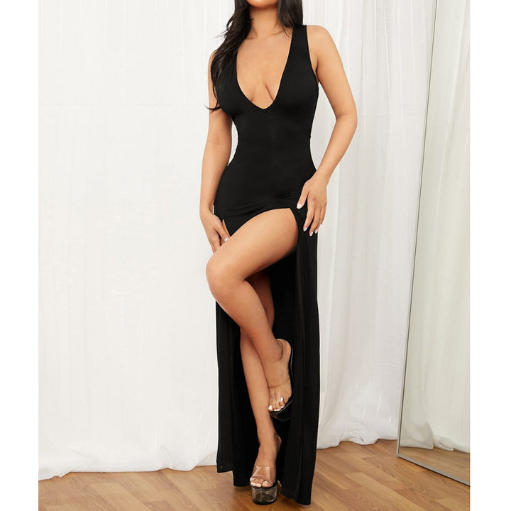 Damen Elegantes Maxikleid mit tiefem V-Ausschnitt und seitlichen Schlitzen Drune