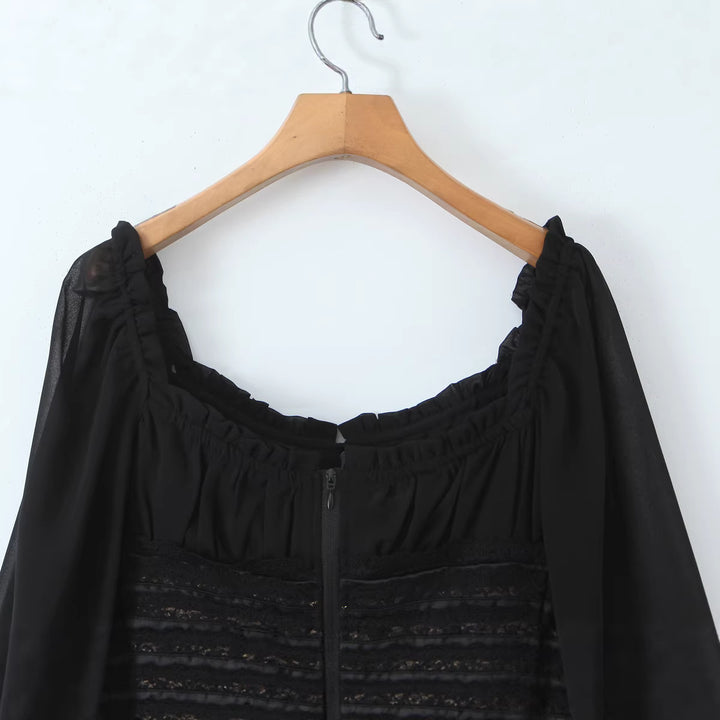 Damen Corsagenbluse mit Spitzen‑Corsage, gerafftem Dekolleté und Volantsaum Drune