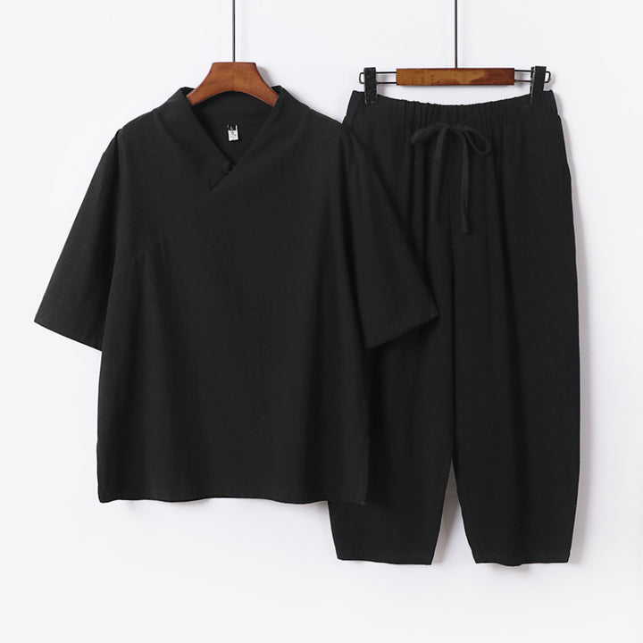 Herren Atmungsaktives Leinen-Baumwoll Lounge-Set mit asymmetrischem V-Kragen und elastischer Kordelhose Drune