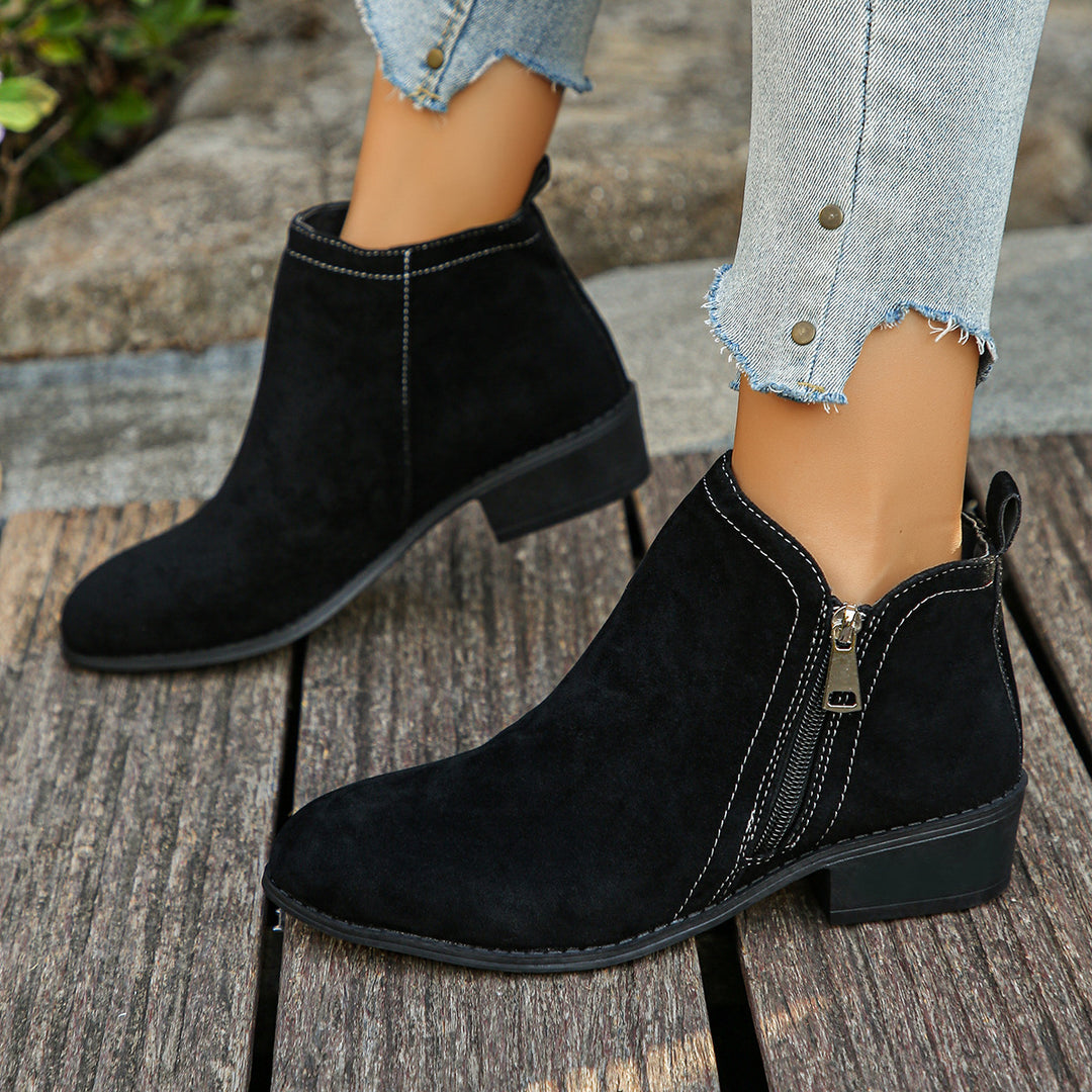 Damen elegante Ankle-Boots aus Velourslederimitat mit seitlichem Reißverschluss und niedrigem Blockabsatz Drune