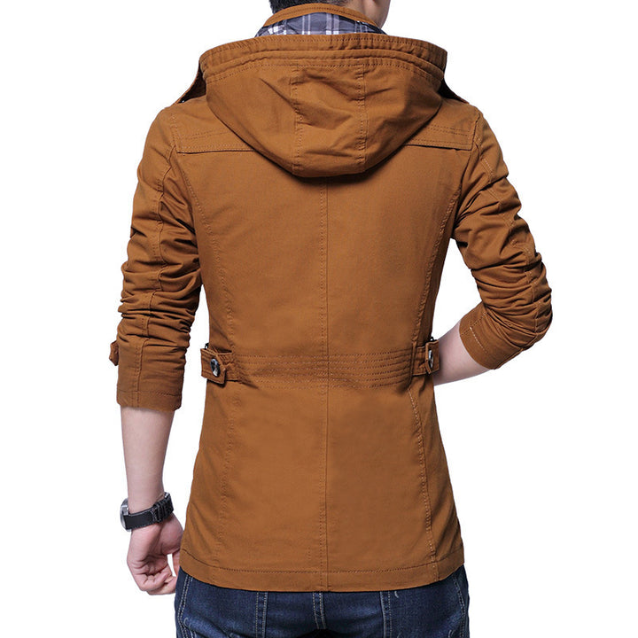 Herren leichte Baumwoll-Fieldjacke mit Kapuze, zweifachem Verschluss und Rollärmel Drune