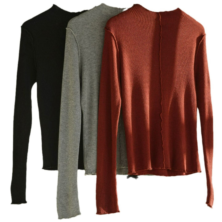 Damen Figurnahes Rippstrick-Longsleeve mit kurzem Stehkragen und feiner Wellenkante Drune