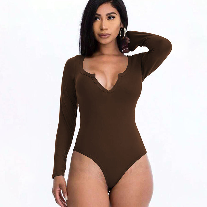 Damen figurbetontes V-Ausschnitt-Stringbody mit langen Ärmeln Drune