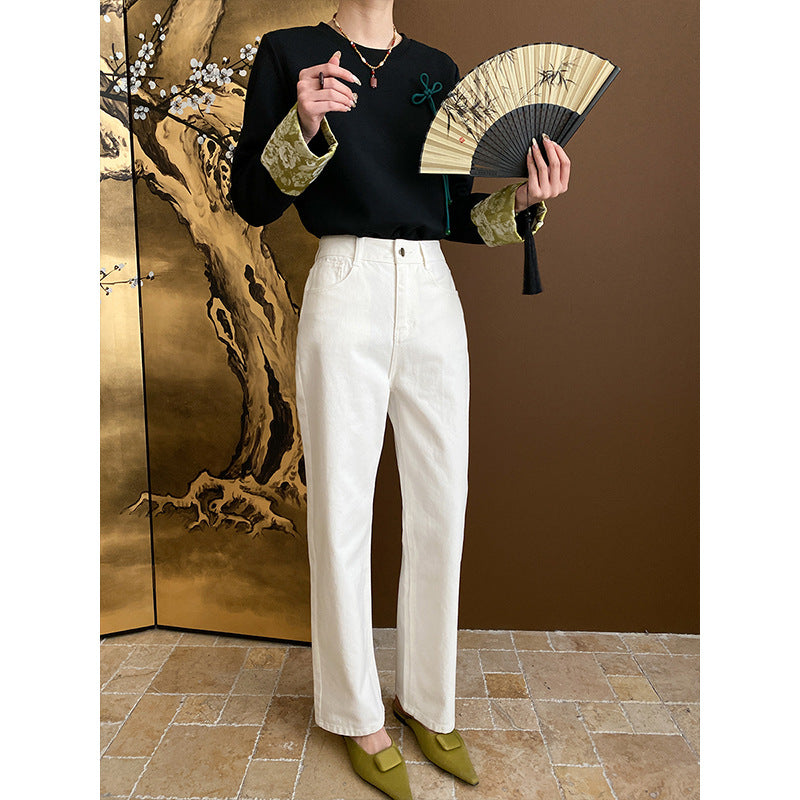 Damen modisches Langarmshirt mit floralem Kragen und dekorativem Detail Drune