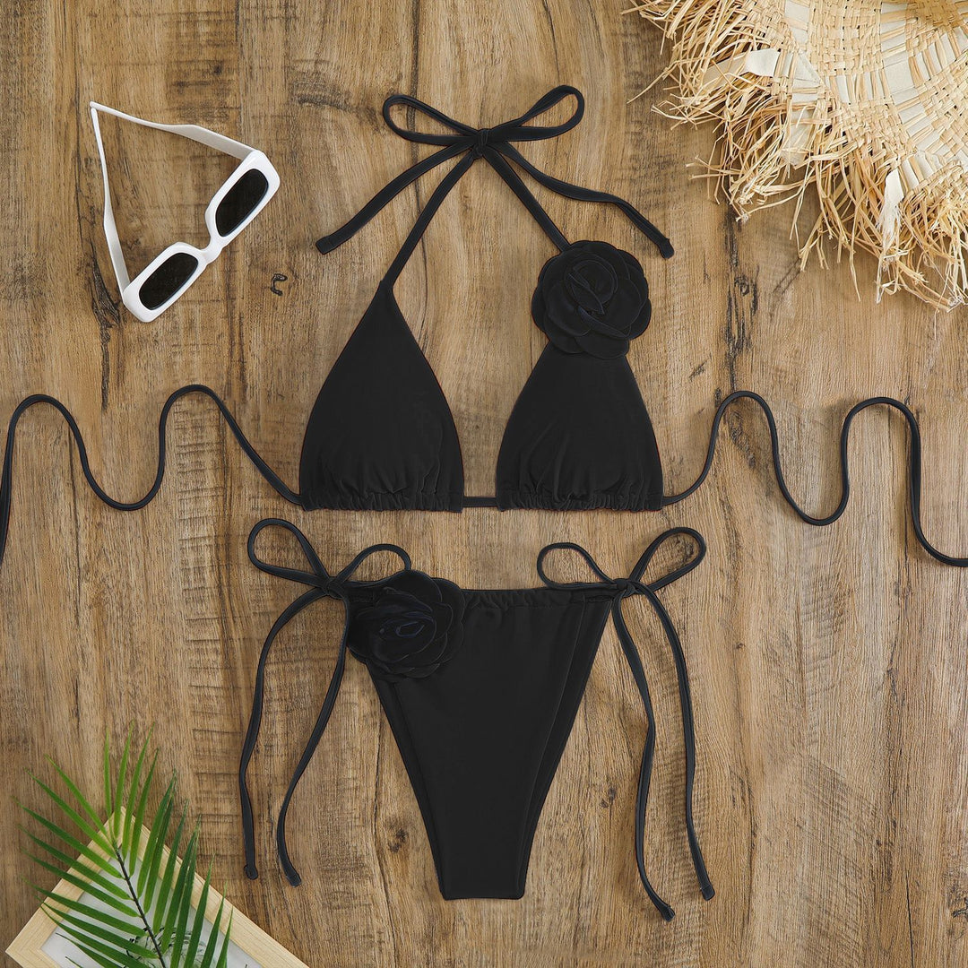 Damen verstellbarer Triangel-Bikini mit dekorativen Blumenapplikationen Drune