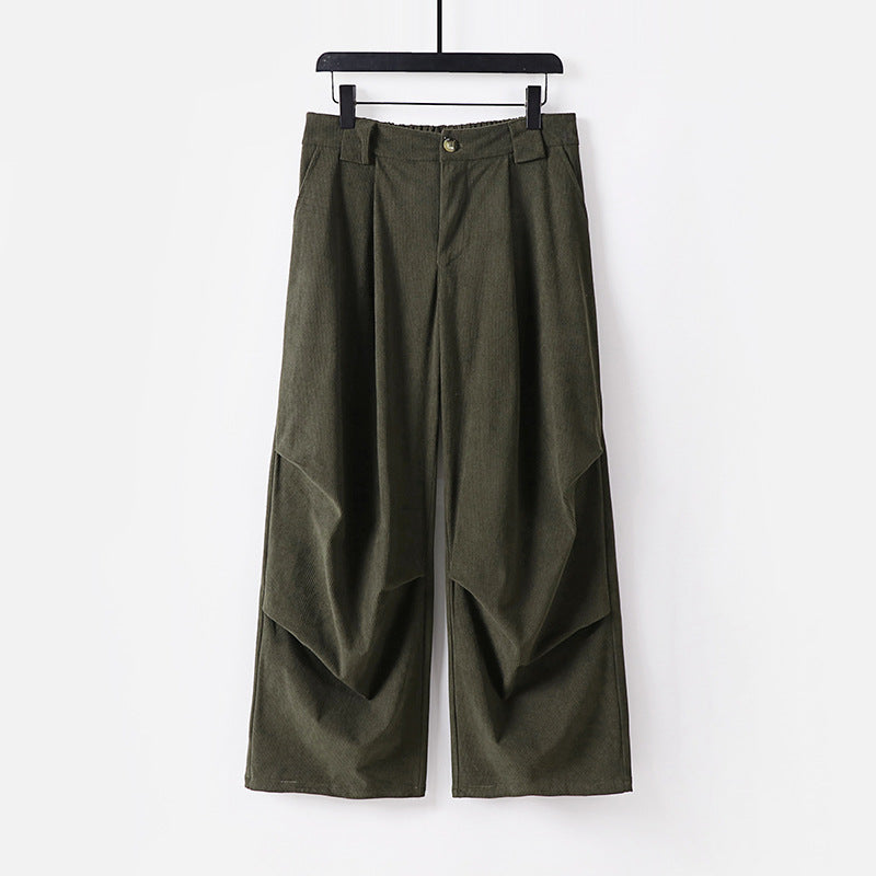 Damen Weite Cordhose mit hoher Taille, Bundfalten und Eingrifftaschen Drune