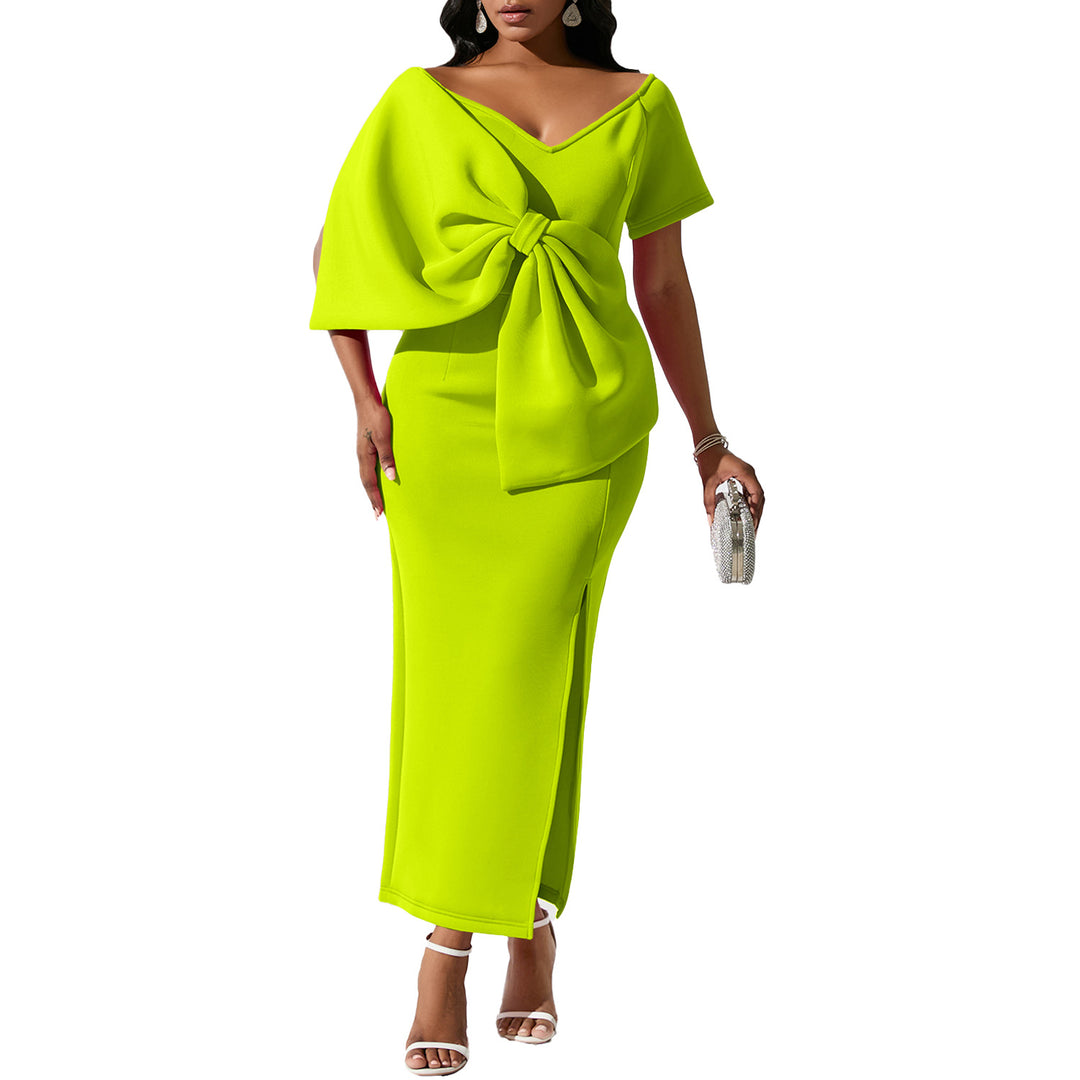 Damen figurbetontes Kleid mit voluminösem Schleifen-Detail und modernem Schlitz Drune
