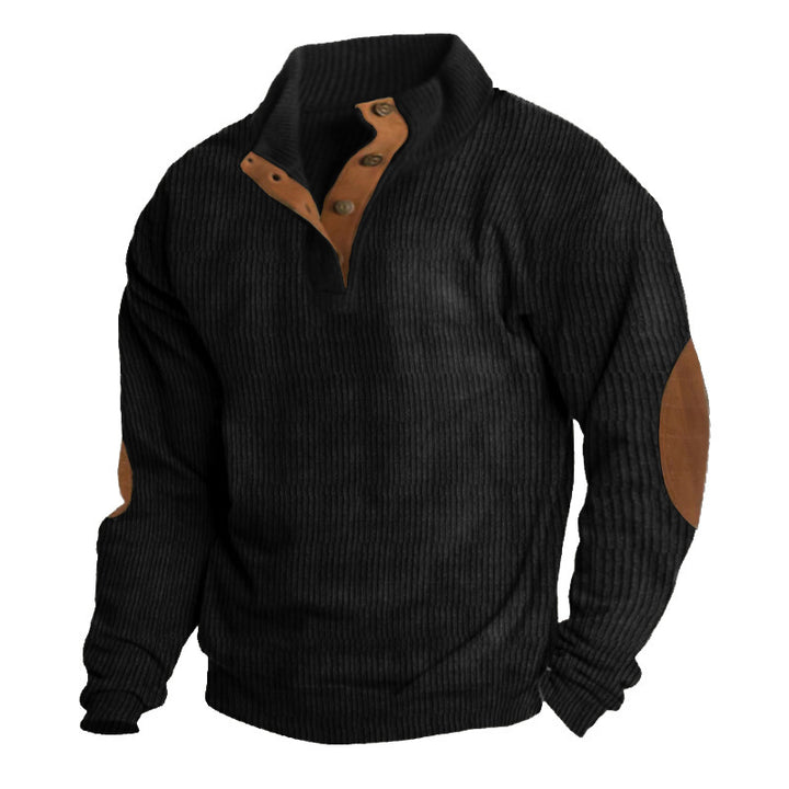 Herren nan rustikaler gerippter Pullover mit Henley-Kragen und lederartigen Ellbogenbesätzen Drune